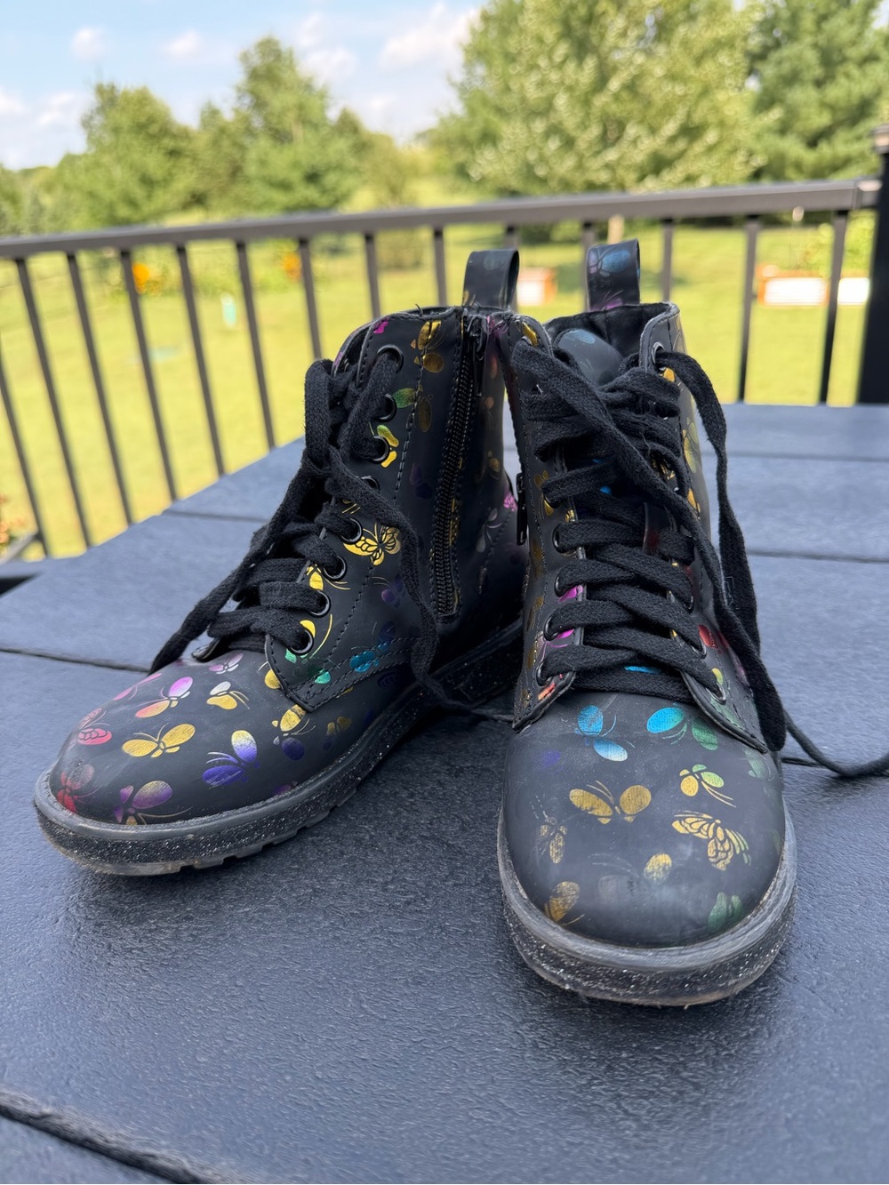Nina Girls Butterfly Combat Boots Black Rainbow Metallic Print Size 13